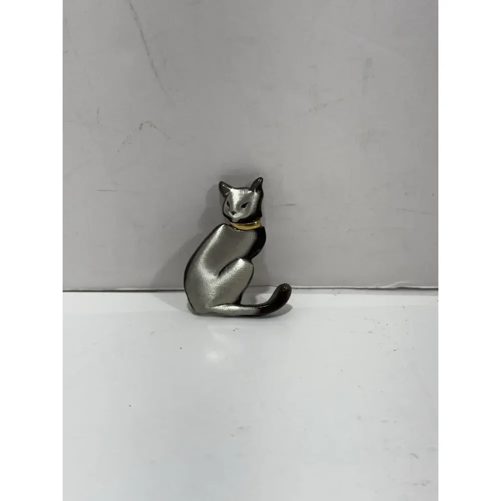 Shields Pewter Cat Kitty Kitten Brooch Pin Silver‎ Tone Gold Tone Collar Signed